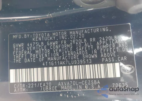 2020 Toyota Camry Se из США, поврежденный, VIN 4T1G11AK7LU939513